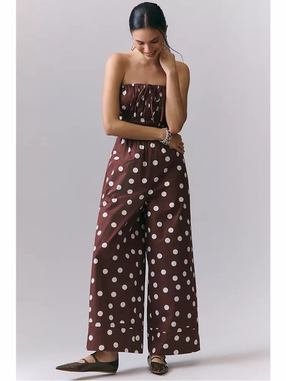 Anthropologie Somerset Strapless Cotton Jumpsuit Brown Polka Dot Size Large
